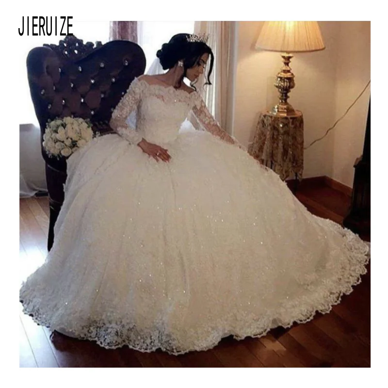 JIERUIZE Luxury Sequin Lace Wedding Dresses Long Sleeves Off Shoulder Ball Gown Bridal Gowns Appliques Up robe de mariee | Свадьбы и
