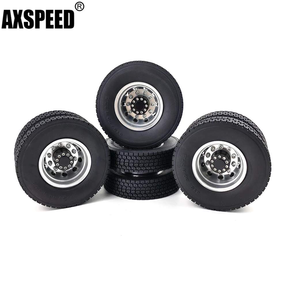 

AXSPEED 2Pcs Front Wheel Rim with 4Pcs Beadlock Rear Wheels & Rubber Tires Set for 1/14 Tamiya Trailer Tractor RC Truck Car