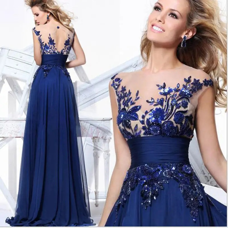 O-Neck Blue Prom Dresses Lace Appliques A Line Evening Gowns Open Back Robe De Soiree