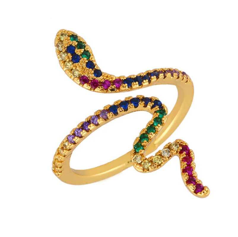 

Creative Stackable Colorful Snake Crystal Opening Ring for Women Gold Color Dazzling CZ Punk Adjustable Ring Animal Jewelry