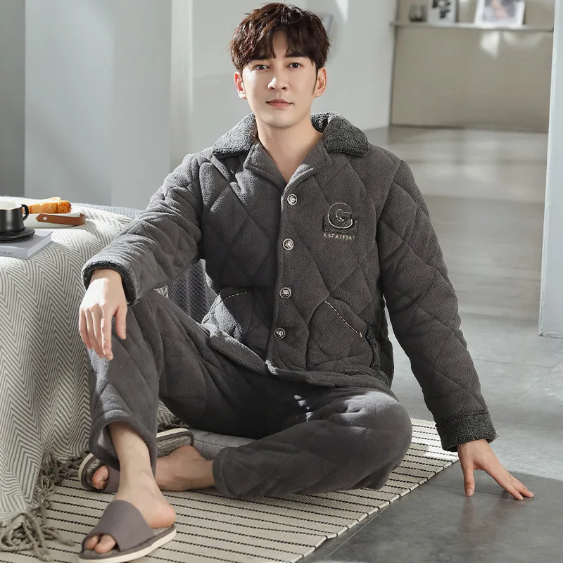 

Winter New Three Layers Of Cotton Men Pajamas Suit Thick Warm Two Piece Set Homewear Male Loose Casual Sleepwear Nightwear