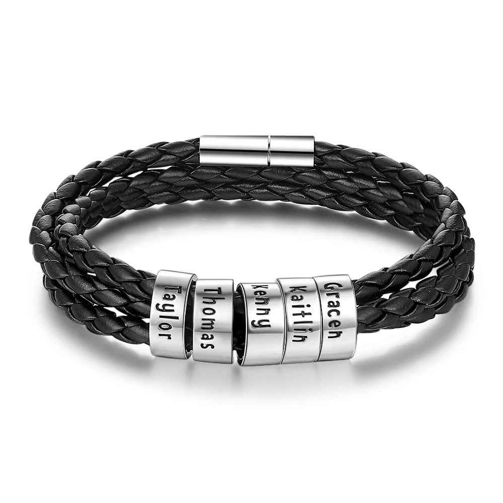 

Personalized Black Braided Rope Bracelets Engraved 5 Names Multiturn Bangles Promised Custom Anniversary Gift for Men（BA102669）