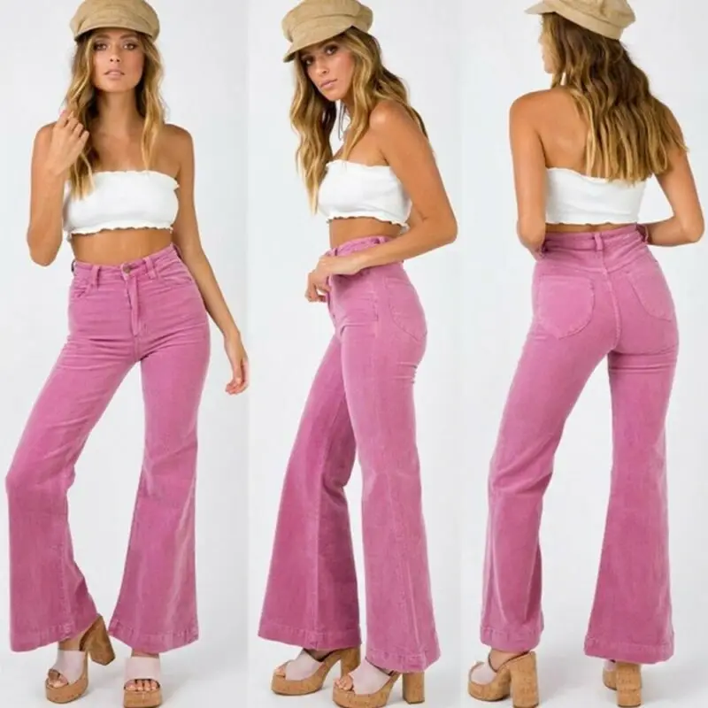 Женские модные вельветовые брюки с высокой талией расклешенные однотонные