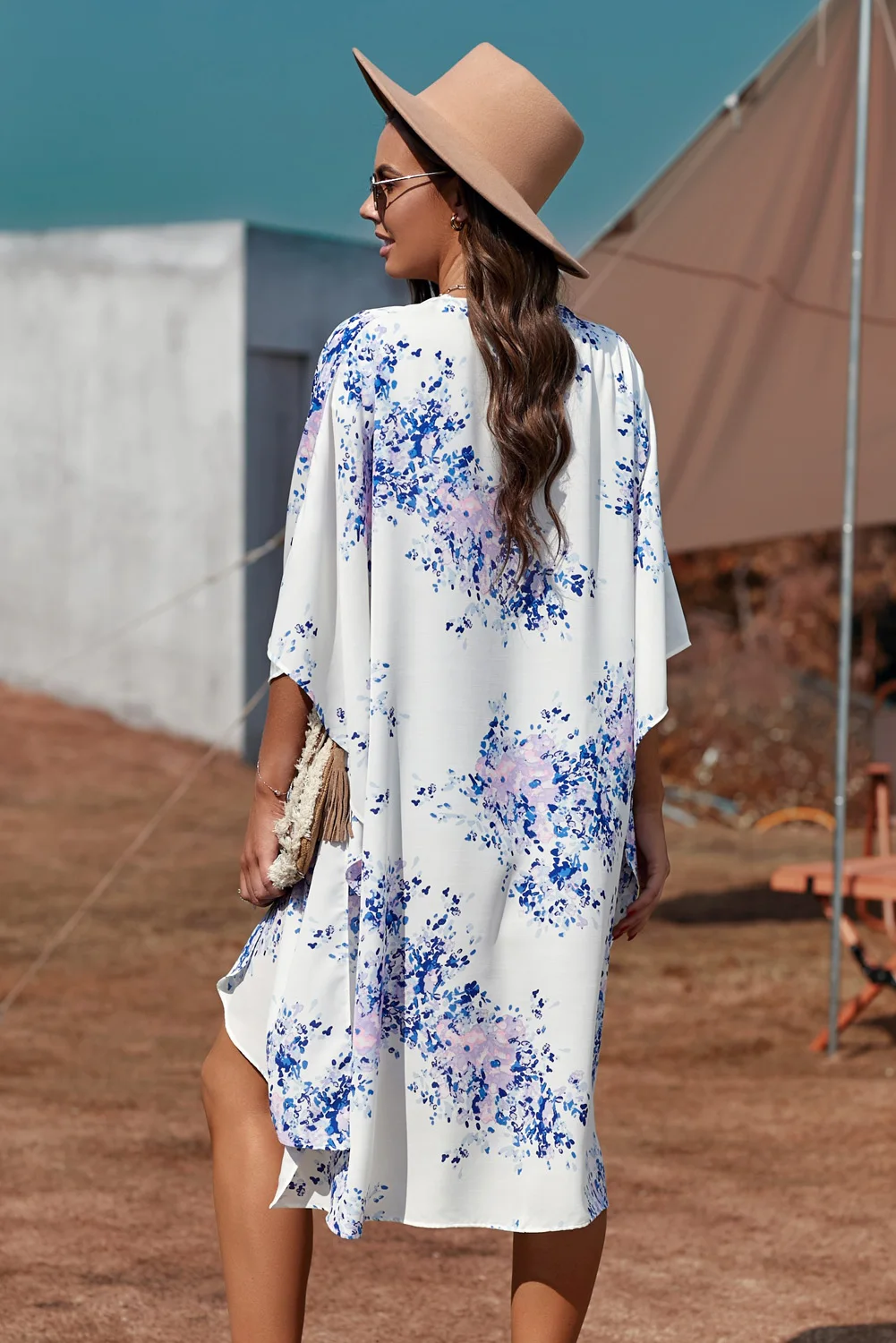 

SEBOWEL 2021Women Swimsuit Loose Cover Up Boho Floral Printe Beach Tunic Dress Robe De Plage Kimono Sleeves White Chiffon Pareo