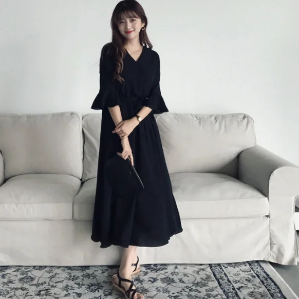Женское шифоновое платье с коротким рукавом V образным вырезом и поясом|Женские