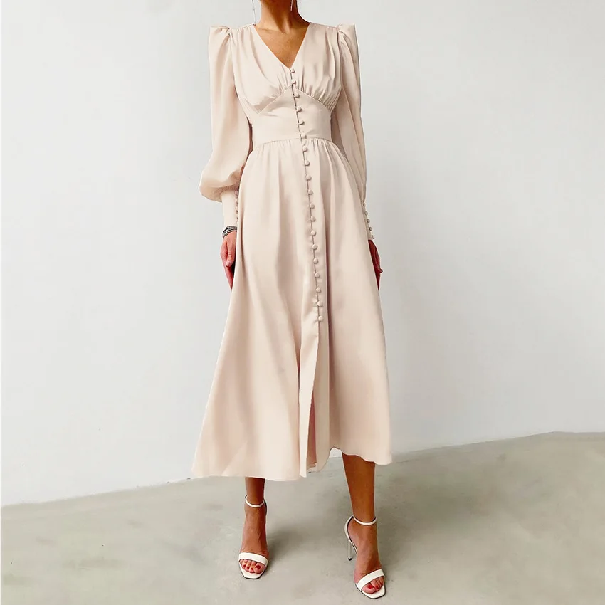 

Elegant spring satin bishop sleeve a-line dress women V-neck high waist button dress solid Vintage long dresses