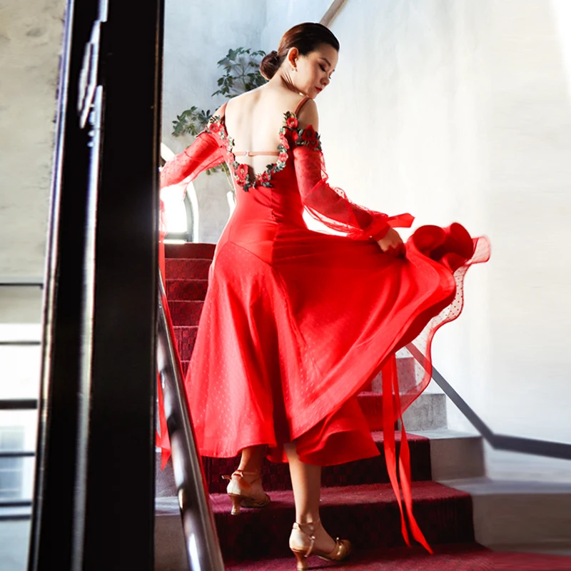 Стандартное бальное платье Венский вальс танцевальные костюмы Красный танго