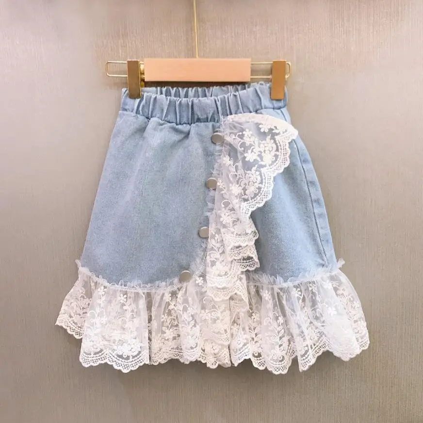 Джинсовые кружевные лоскутные юбки для девочек новые детские с эластичной
