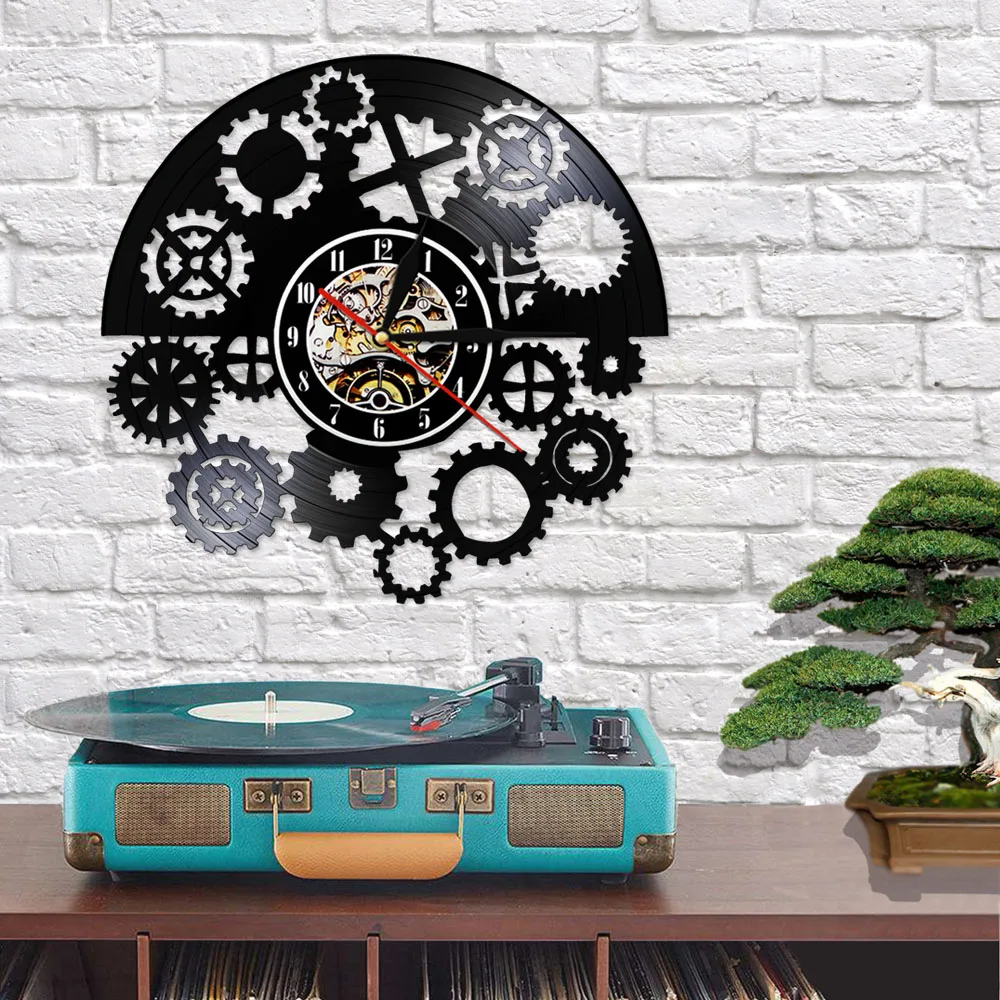Готический стимпанк виниловая запись настенные часы шестерни Черный виниловый