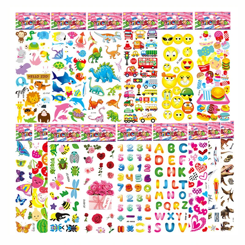 

10/8 Sheets Cartoon Stickers 3D Cartoon Princess Sea Animals Cars Random Puffy Sticker DIY Toys Gifts for Boys Girls Reusable