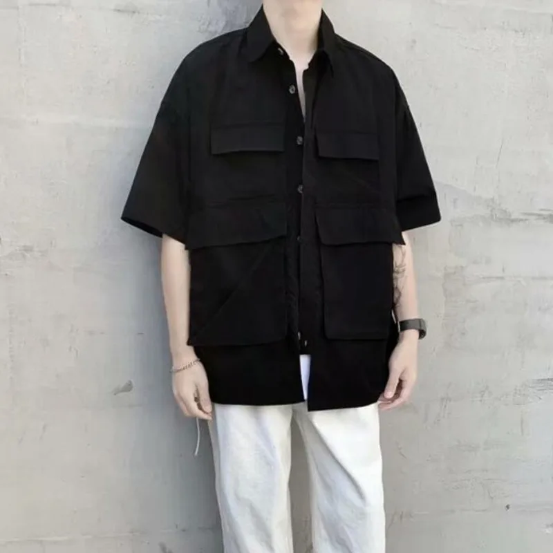 

Summer Short-sleeved Shirt Men's Fashion Black White Casual Shirt Men Korean Loose Japanese Pocket Tooling Shirts Mens M-2XL