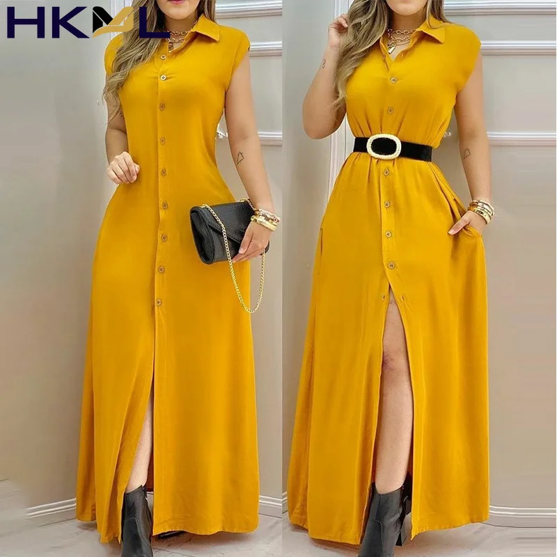

2021 Summer Women's Long Dresses Single Breasted Turn Down Collar Solid Sleeveless Casual Fashion Long Shirt Dress