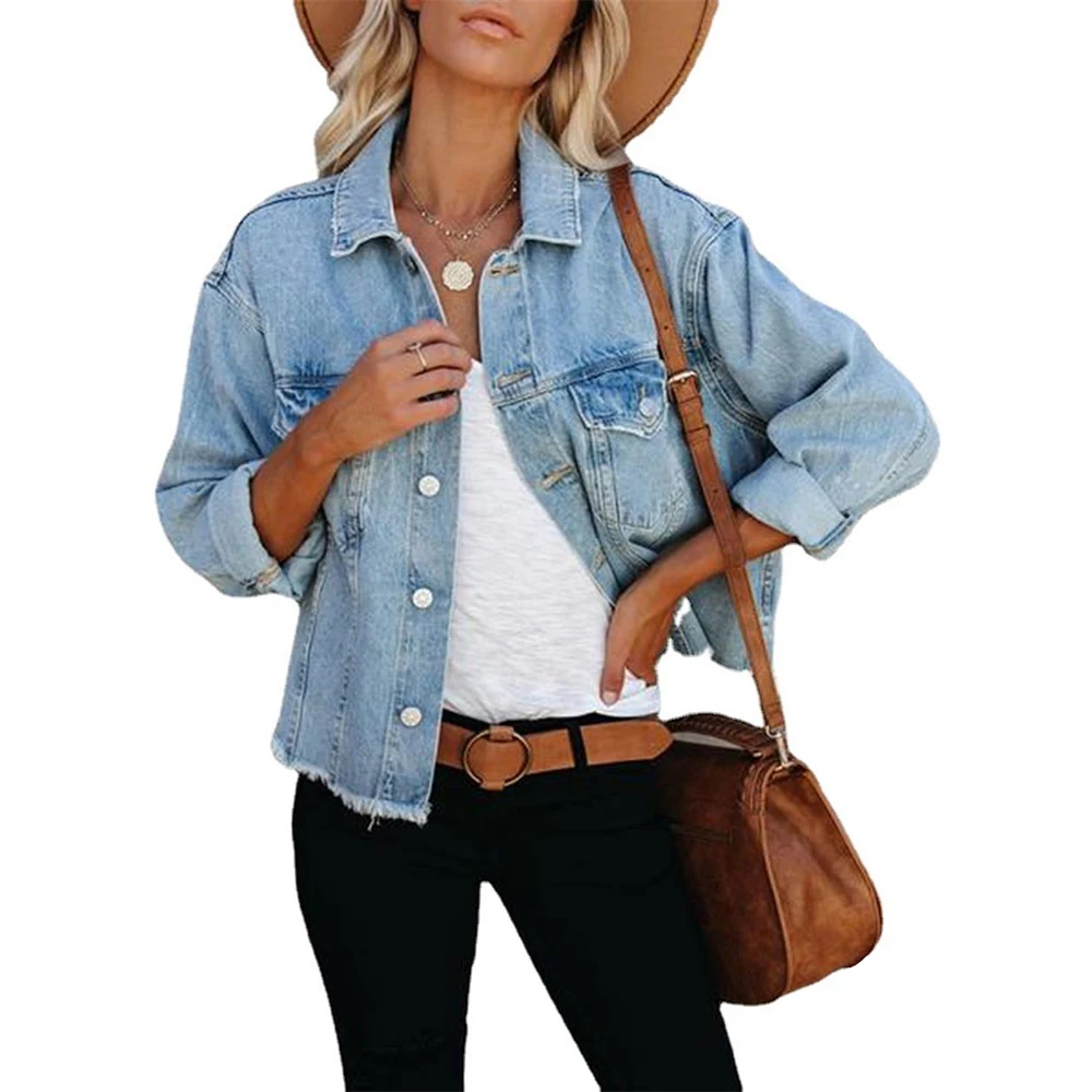 

Осенняя женская джинсовая куртка, джинсовая однотонная зимняя куртка с отложным воротником и длинными рукавами с карманами, винтажные курт...