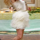 Юбка с перьями и высокой талией, короткая юбка с перьями страуса, цвета слоновой кости, Бежевая длинная юбка с перьями на молнии, 2020