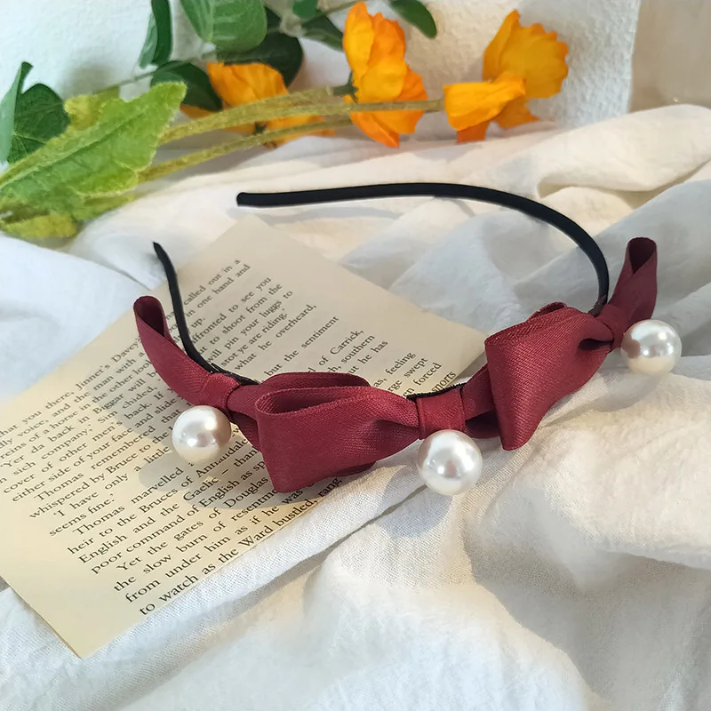 

2021 Sweet Korean solid Small Bow bezel Headwear Women Headband Girls Imitation Pearl Hair Band Hairband hoop Hair Accessories