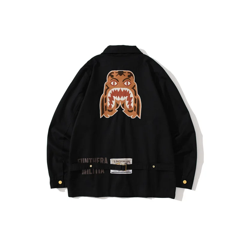 

2021 зимняя Японская уличная куртка с вышивкой, куртка с головой тигра, мужские черные повседневные хлопковые куртки, пальто с ярлыком