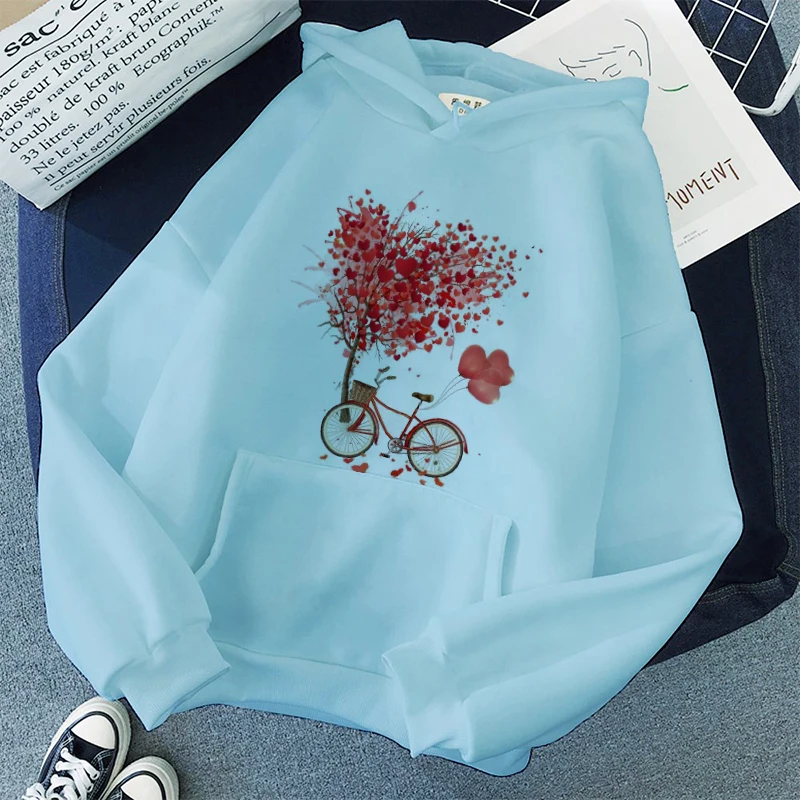 Winter Bicycle Flowers Hoodies Sweatshirts Women Korean Style Graphic Pullover Hooded Sweatshirt Kawaii Warm Pocket Jumper