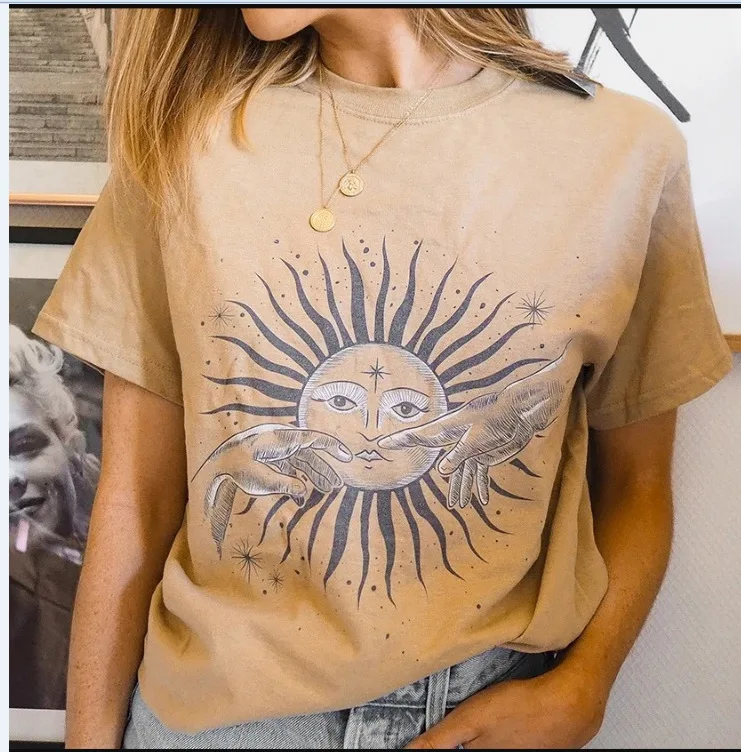 Beige T-Shirt Women Vintage Fashion Grunge Style Tee Yellow T shirt Hands Sun And Moon Street Style Aesthetic Shirt Woman Tshirt
