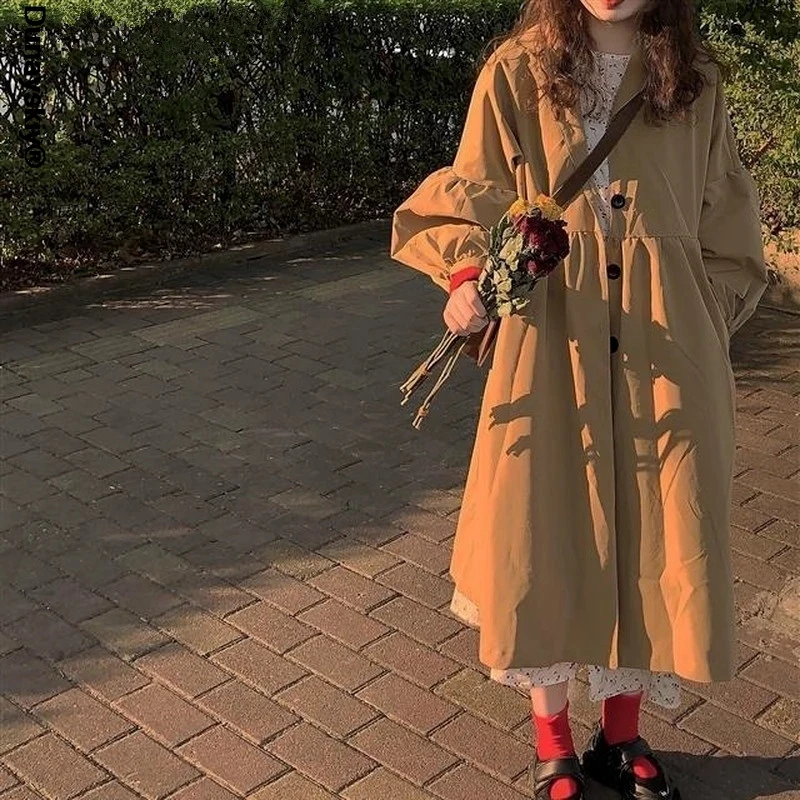 

Trench Women Khaki Designer Clothes Autumn Korean Coats Fashion All-match New Streetwear Long Coat Outwear Loose Simple Solid