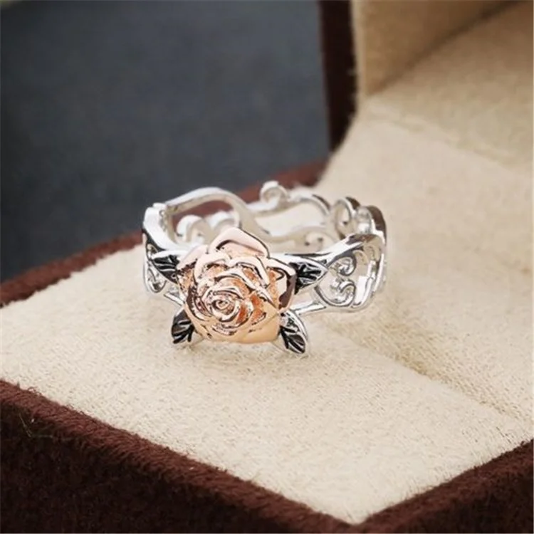 

Exquisite Two Tone Silver Color Floral Ring Flower Jewelry Proposal Anniversary Gift Engagement Wedding Band Rings for Women
