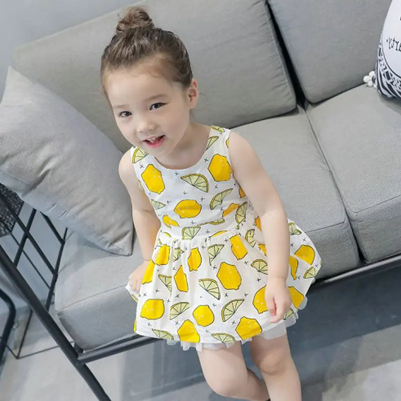 Summer girls dress baby backless kids princess Children designer vestidos strawberry lemon print mesh bow 2 to 7 yrs | Детская одежда и