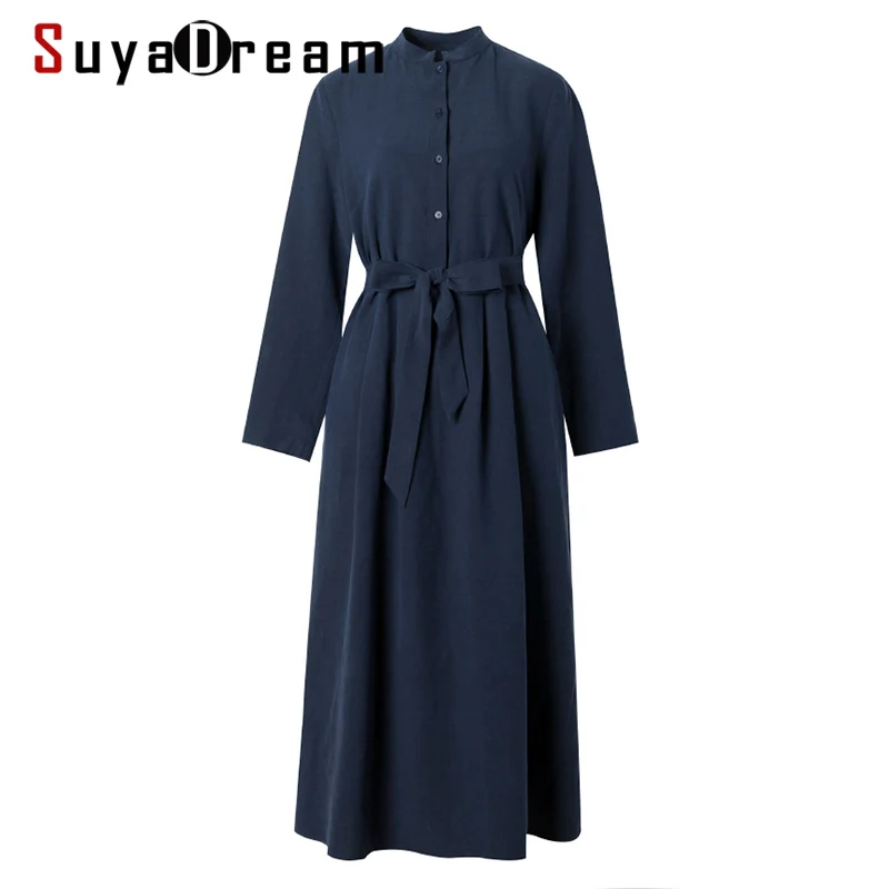 SuyaDream женское однотонное шелковое платье 50% шелк хлопок стоячий воротник с поясом