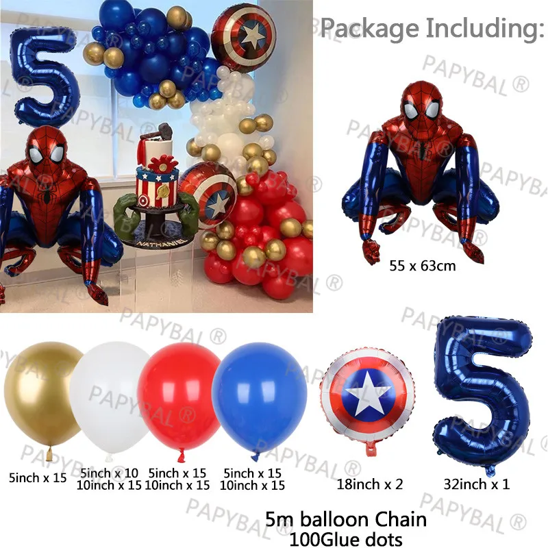Juego de Globos de fiesta de Marvel para ni&ntilde;os, Kit de Globos de arco rojo y azul cromado, decoraci&oacute;n para fiesta de cumplea&ntilde;os, Baby Shower, Spiderman, 106 Uds.-2