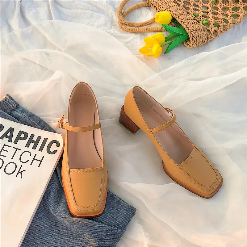 

Women Spring Summer Leather Pumps Square Toe Mary Janes Shoes Med Square Heel Buckle Leather Shoes Shallow Sandals
