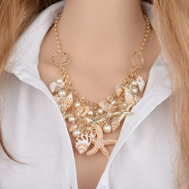 

Korean Fashion Shell Necklace Pendant Summer Beach Style Sparkling Starfish Necklace Women Jewelry