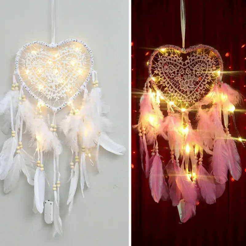 Белый Ловец снов Девушка Спальня со светодиодным сердцем перья ручной работы