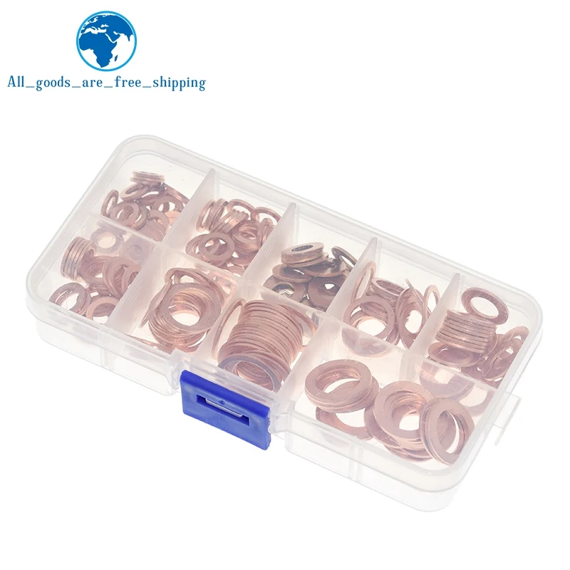 

200pcs M5-M14 Professional Assorted Copper Washer Gasket Set Flat Ring Seal Assortment Kit with Box For Hardware Accessories