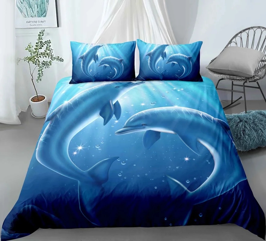 

3D Dolphin Print Duvet Cover Sets Queen King Bedding Set Blues Bedclothes Comforter Covers with Pillowcase 2/3pcs