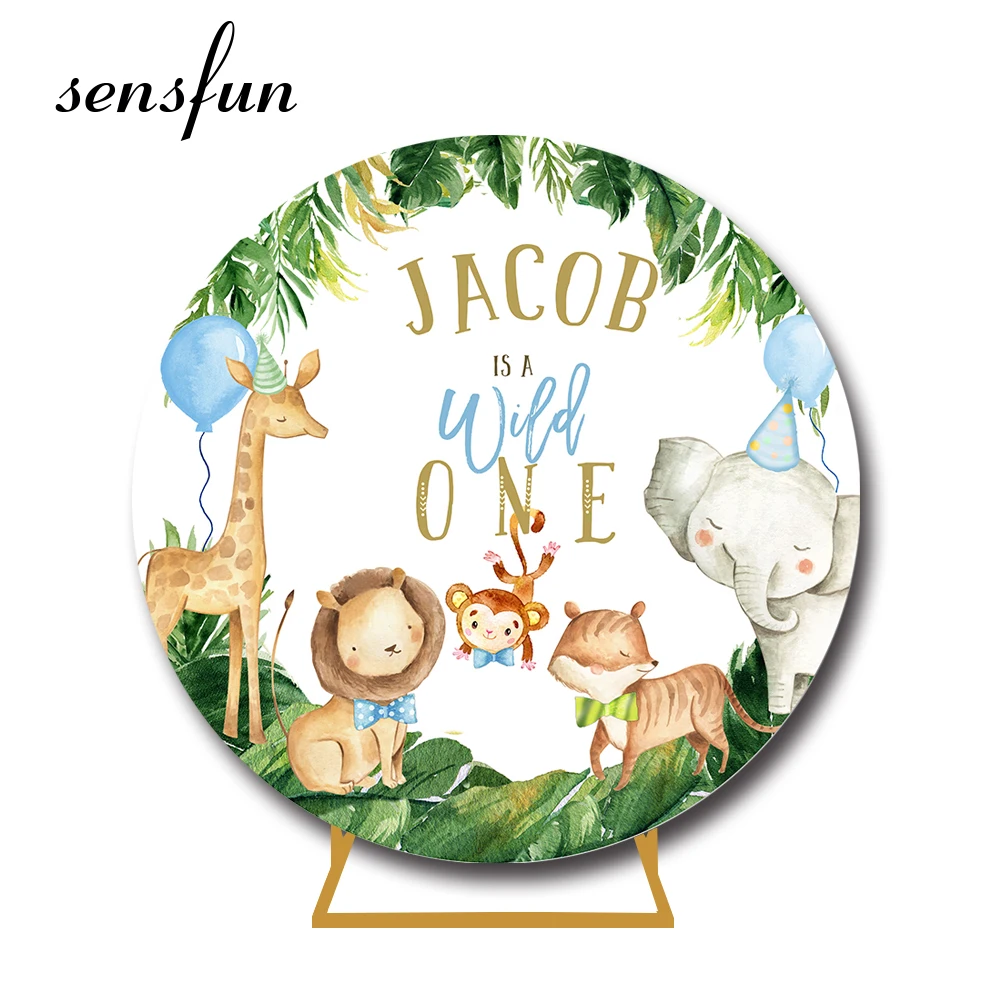 

Sensfun Safari Jungle Round Backdrop Cover Green Leaves Animals Lion Elephant Kids Wild One Birthday Party Circle Background