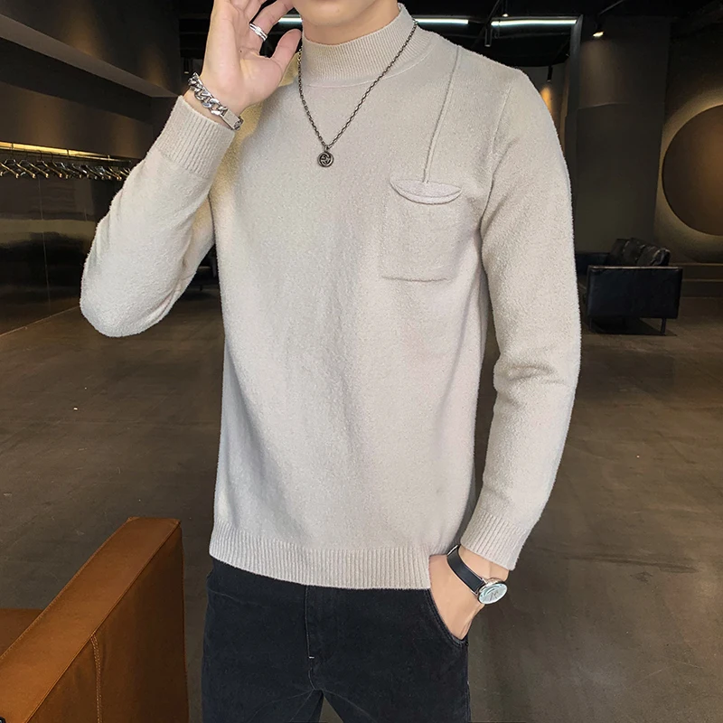 

Мужской облегающий пуловер с ложным воротником, Повседневные базовые вязаные термальные свитера, осенняя уличная одежда, Рождественский свитер для мужчин