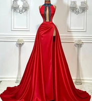 red robe de soiree a line high collar satin crystals slit sexy long prom dresses prom gown evening dresses