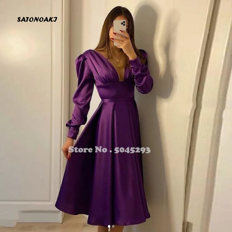

Simple Purple A-Line Prom Dress Tea Length Sexy V-Neck Long Sleeve Party Gown Vestidos De Fiesta Robe Soiree Celebrity Sukienki