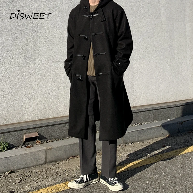 

Hooded Horns Buttoned Woolen Coat Men Korean Long-sleeved Solid Color Coat Men's Winter Warm Long Woolen Coat Boy 2021