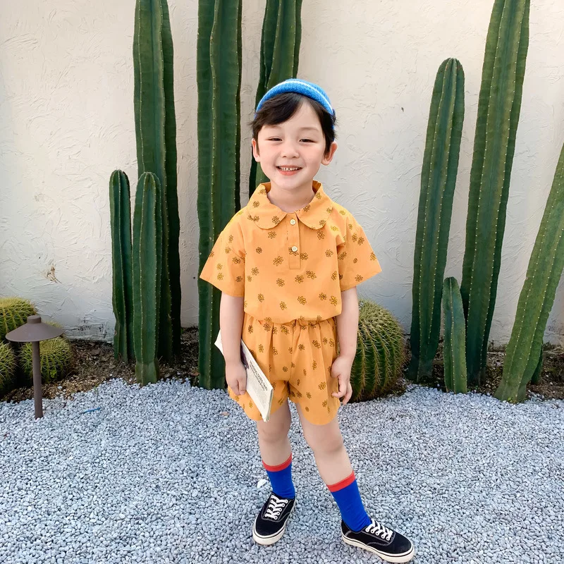 Summer fashion brother and sister clothing Korean style girls chrysanthemum casual long dress boys clothes sets | Мать и ребенок