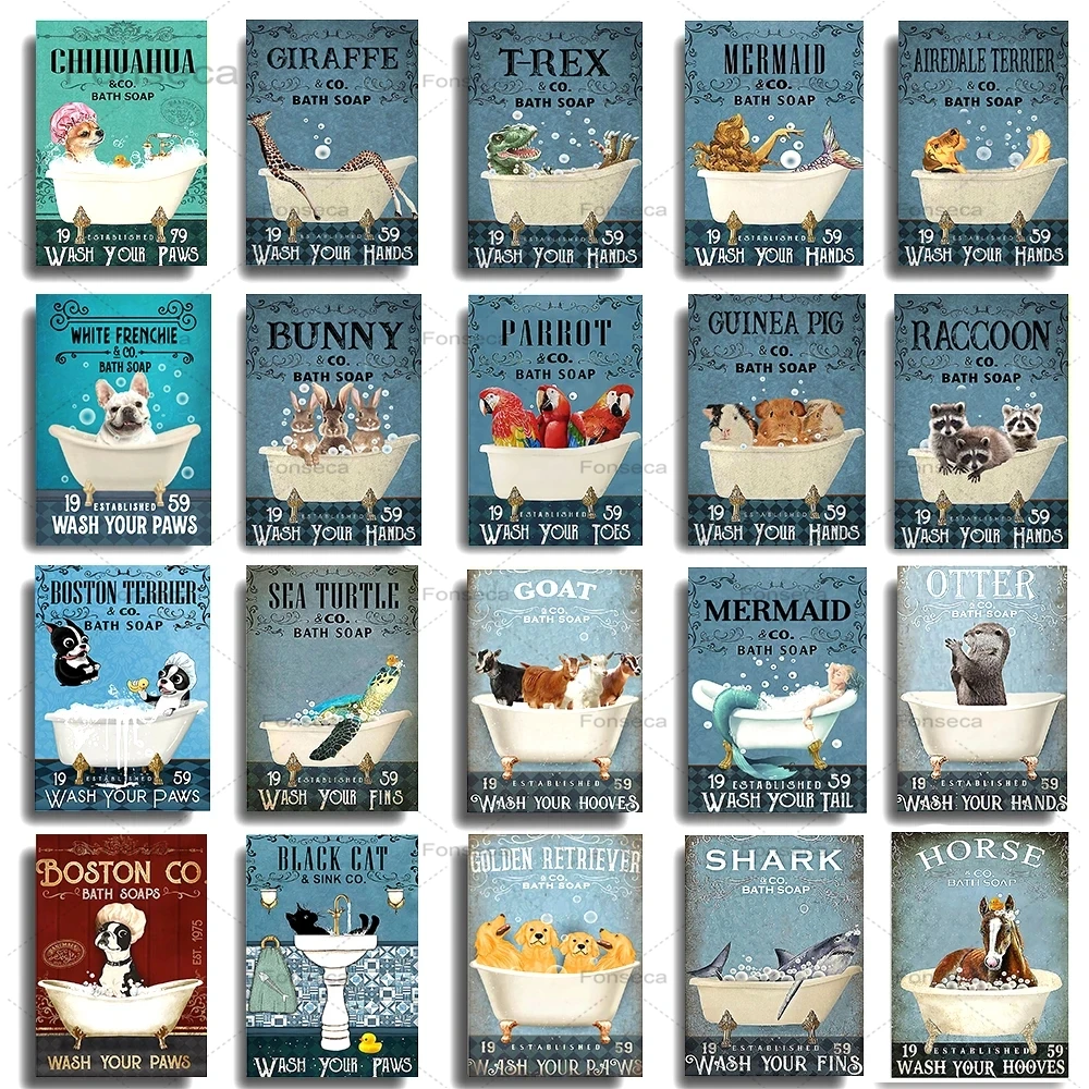 

Cartoon Animals In Tub Metal Signs Horse Bath Soap Wash Your Hooves Tin Plaques Wall Art Kawaii Sign Gor Bathroom Kid Room Decor