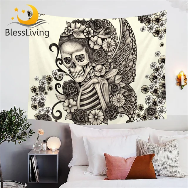 BlessLiving Butterfly Skull Tapestry Skull and Rose Wall Hanging Boho Decorative Tapestries Ethnic Wall Art Gothic Floral Sheets 1