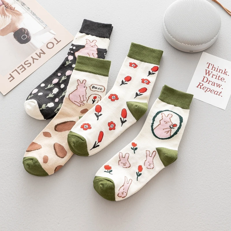 

Japanese New Cartoon Rabbit Socks Female Cotton Autumn and Winter Army Green Crew Socks Cute Korean College Style Novelty Socks