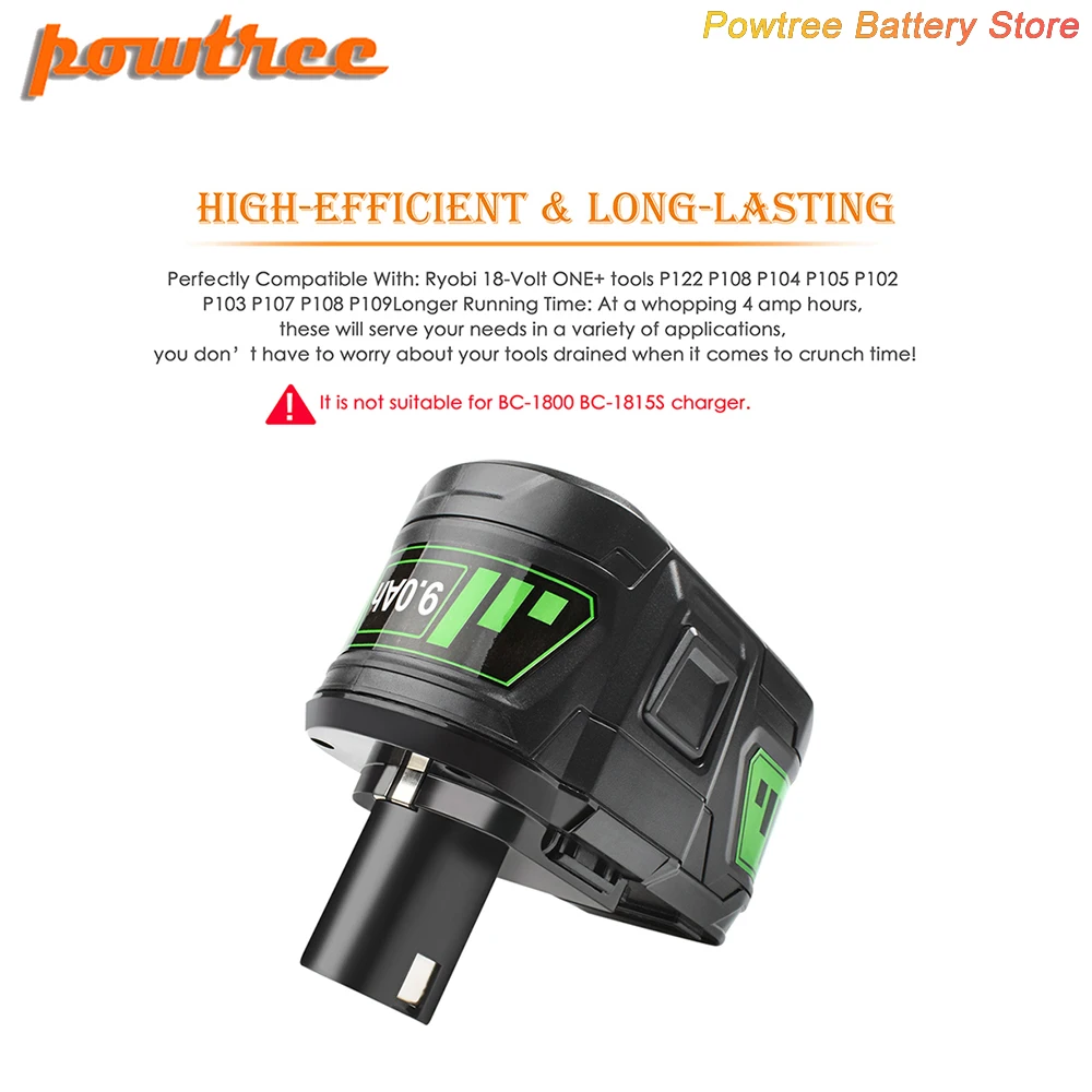 Литий-ионный аккумулятор Powtree P108 на 9000 мАч для электроинструментов Ryobi 18 в P107 P105 P104