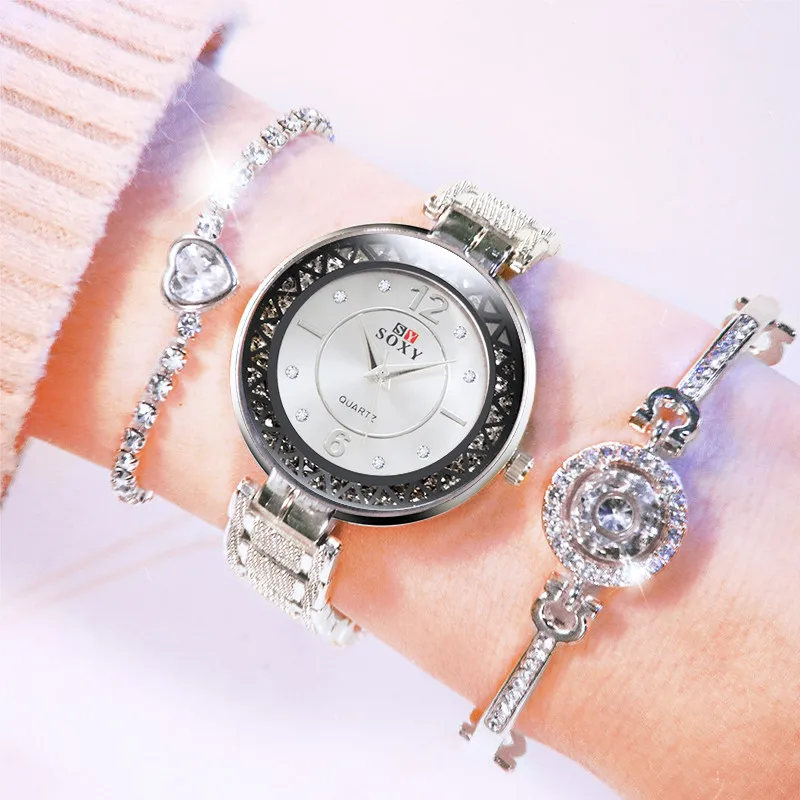 Reloj Mujer браслет из нержавеющей стали Кварцевые часы комплект для женщин алмаз