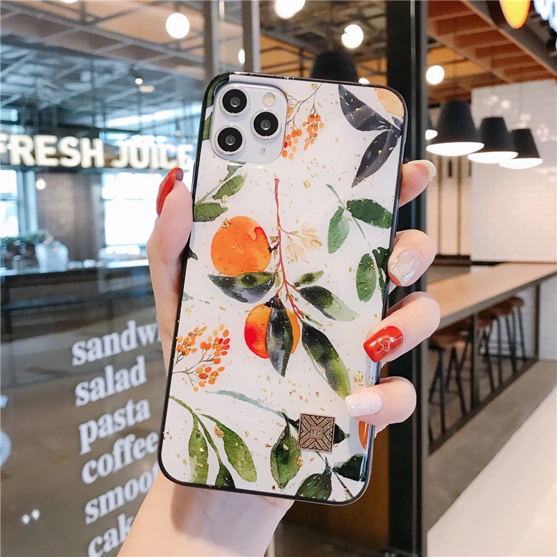 New Painted Gold Foil Silicon Case For iPhone 14 13 12 11 Pro Xs Max SE XR X 6 6s 7 8 Plus Glitter Fruit Orange Soft Cases Cover