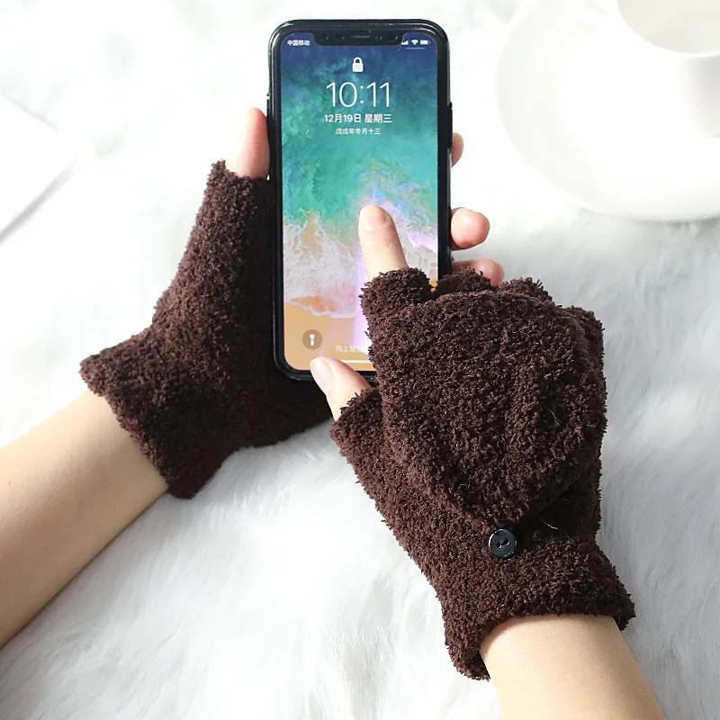 

JIFANPAUL winter coral velvet flip half-finger gloves for men/women cold-proof thickening plus velvet warmth cute writing gloves