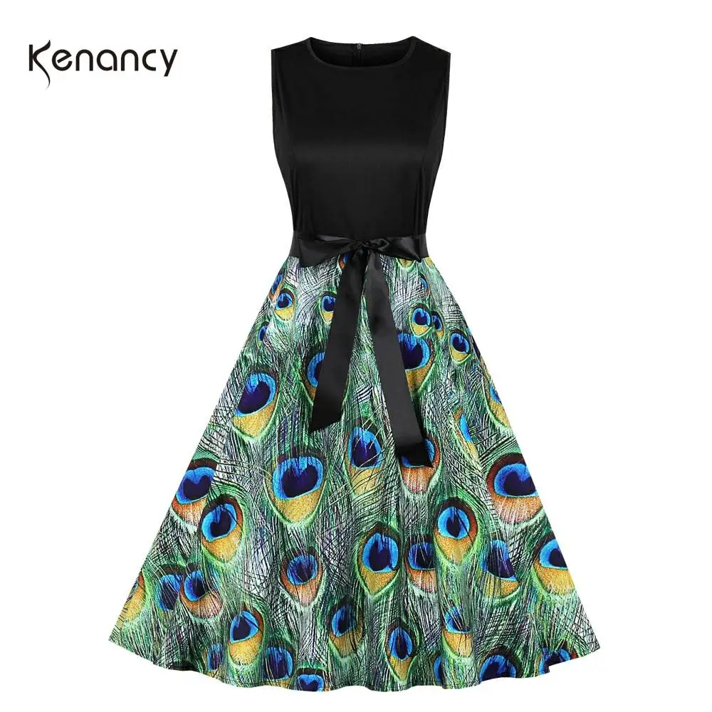 Винтажное платье в стиле Одри Хепберн с принтом павлиньих перьев|Женские платья|