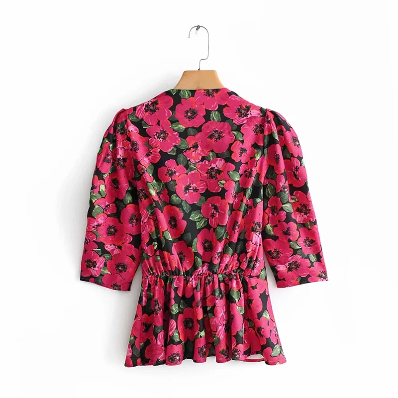 2019 женские шикарные цветочные печати Boho Za красная блузка летние с v образным