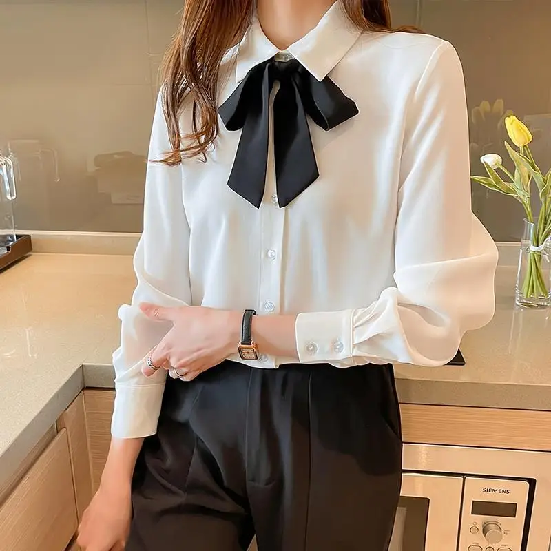 

2021 Spring Autumn Women's Turn-down Collar Bow Blouses Tops Vintage Korean Casual Long Sleeve Button Shirt Elegant Shirts Q606