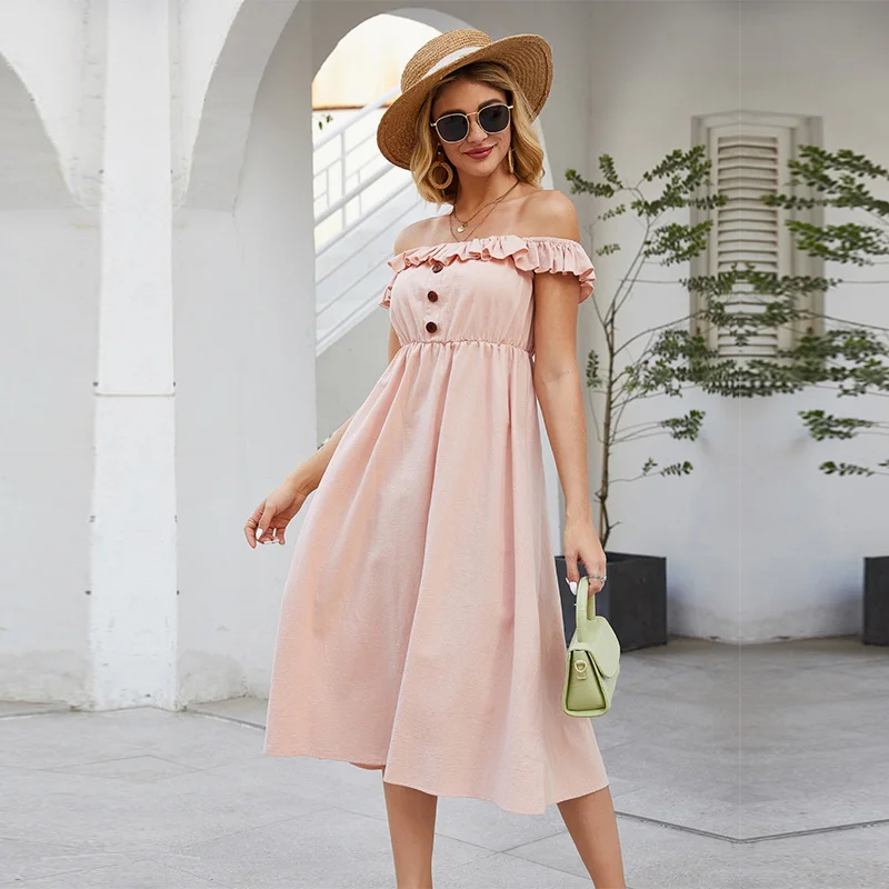 Женское Хлопковое платье с открытыми плечами элегантное однотонное