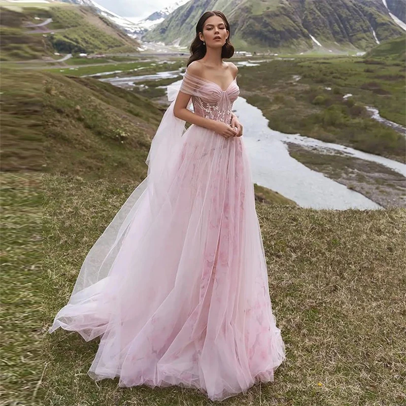 

Evening Dress Boat Neck Chapel Train Floral Exquisite Floor-Length A-LINE Chiffion Appliques Ruffle Draped Lace Tulle Prom 2022